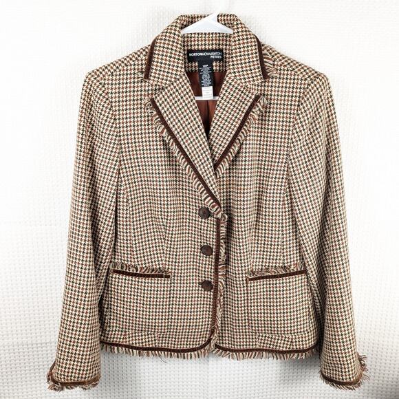 Norton McNaughton Petites 10P Brown Houndstooth Blazer Womens Fringe Trim Jacket - Picture 1 of 4